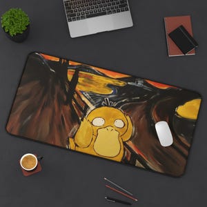 Oil Painting Psyduck Inspired Desk Mat, Gaming Desk Pad, Anime Office Decor, Unique Mouse Pad, Colorful Workspace Accessory