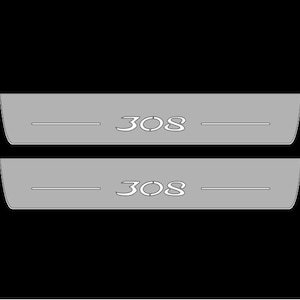 May include: Two gray car door sill protectors with the number "308" in white. Each protector has a horizontal line on either side of the number. The background is black.
