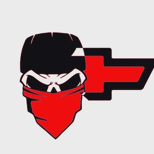 Peut inclure: Conception graphique d'un crâne stylisé portant un casque noir et un bandana rouge. Le design intègre un élément en forme de flèche rouge et noire sur fond blanc. L'esthétique générale est audacieuse et percutante.