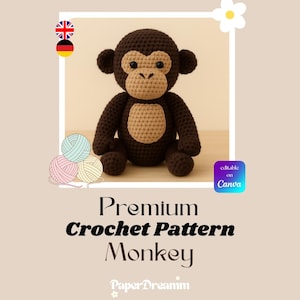 Könnte beinhalten: Ein handgefertigter Häkelaffe in Braun- und Beigetönen. Der Affe hat ein detailliertes Gesicht und einen detaillierten Körper mit strukturiertem Aussehen. Das Bild enthält auch den Text "Premium Crochet Pattern Monkey".