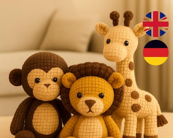 Safari Amigurumi Crochet Pattern Set – Lion, Monkey & Giraffe | PDF Instructions, DIY Crochet Animals Amigurumi Animals Crochet, Safari Pack
