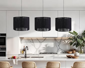 Schwarze Baumwolle Jute Quaste Pendelleuchte, moderne Boho Deckenleuchte, Naturfaser Hängevorrichtung für Kücheninsel
