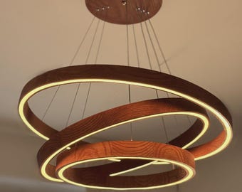 Designer Holzring Pendelleuchte, Eiche LED Kronleuchter, Moderne Holzhängelampe, Kreisdeckenleuchte, Scandi Leuchte