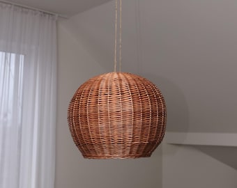 Runder Weidenlampenschirm, Globe Anhänger Handgewebte Lampe, Natürliche Rattan Deckenleuchte, Boho Bauernhaus Beleuchtung für Wohnzimmer, Kücheninsel