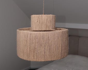 Jute-Trommel-Lampenschirm, abgestufte Pendelleuchte, handgefertigte Naturfaser mit Leinenstruktur, minimalistisches rustikales Deckendekor