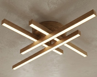 Holz Deckenleuchte, Eiche LED Kronleuchter, Moderne Holzdeckenleuchte, Skandinavische Unterputz Beleuchtung, Designer Holzleuchte
