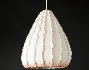 Handmade paper mache pendant lamp shade, white teardrop ceiling light with terracotta seams, boho artisan lighting, rustic decor, nursery