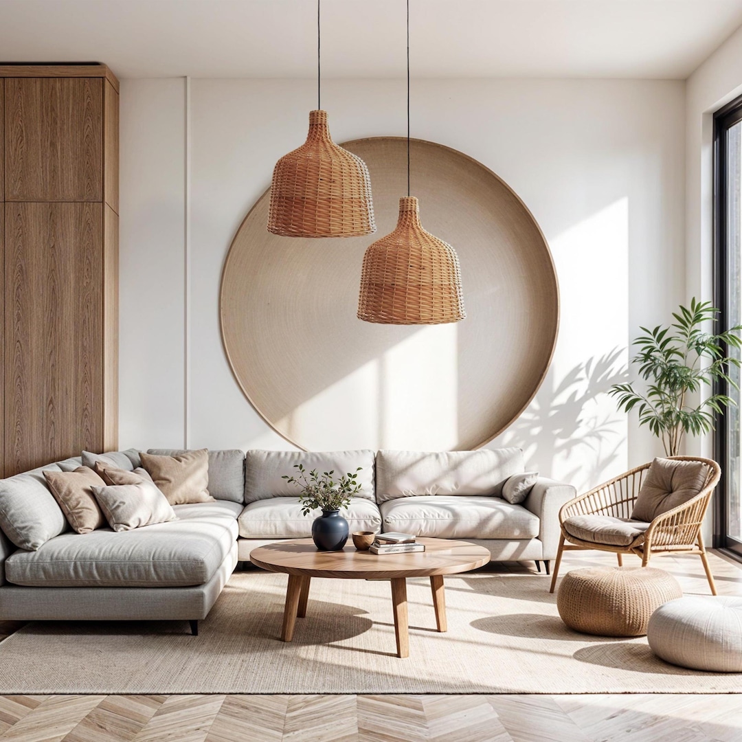 Custom Woven Rattan Lampshade | Natural Ceiling Light for Living Room ...