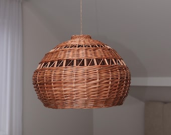 Rattan Lampenschirm handgewebte Kuppel Deckenleuchte Naturbraun Korbgeflecht mit dichtem Muster Boho Bauernhausstil Dekor