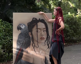 Luna – Original Oil Painting, Female Portrait with Parrot, Contemporary Figurative Art, 40x60 in