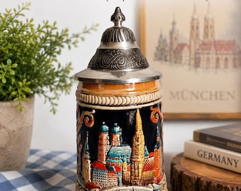 Vintage German Beer Stein Munich Pewter Lid