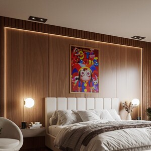 May include: A bedroom featuring a large white bed with a tufted headboard, a wooden accent wall, and a framed artwork. The artwork has a cartoon character with large eyes. A modern lamp with a spherical light is on the nightstand.