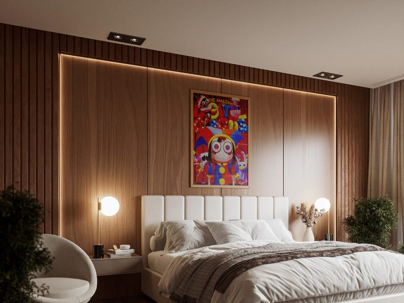 May include: A bedroom featuring a large white bed with a tufted headboard, a wooden accent wall, and a framed artwork. The artwork has a cartoon character with large eyes. A modern lamp with a spherical light is on the nightstand.