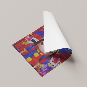May include: A colorful poster featuring a cartoon clown with a large white face, red nose, and a jester's hat. The clown is surrounded by other cartoon characters and toys. The poster has a red background with blue and yellow accents.