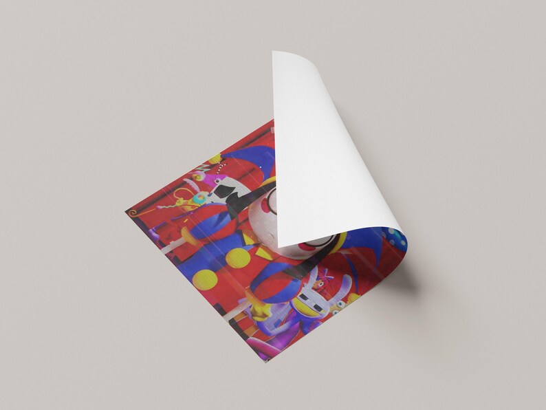 May include: A colorful poster featuring a cartoon clown with a large white face, red nose, and a jester's hat. The clown is surrounded by other cartoon characters and toys. The poster has a red background with blue and yellow accents.