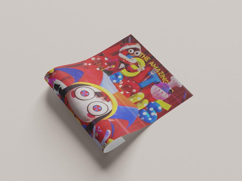 May include: A red and multi-colored print with the text "THE AMAZING". The print features cartoon characters and various colorful shapes, including polka dots and a chef's hat.
