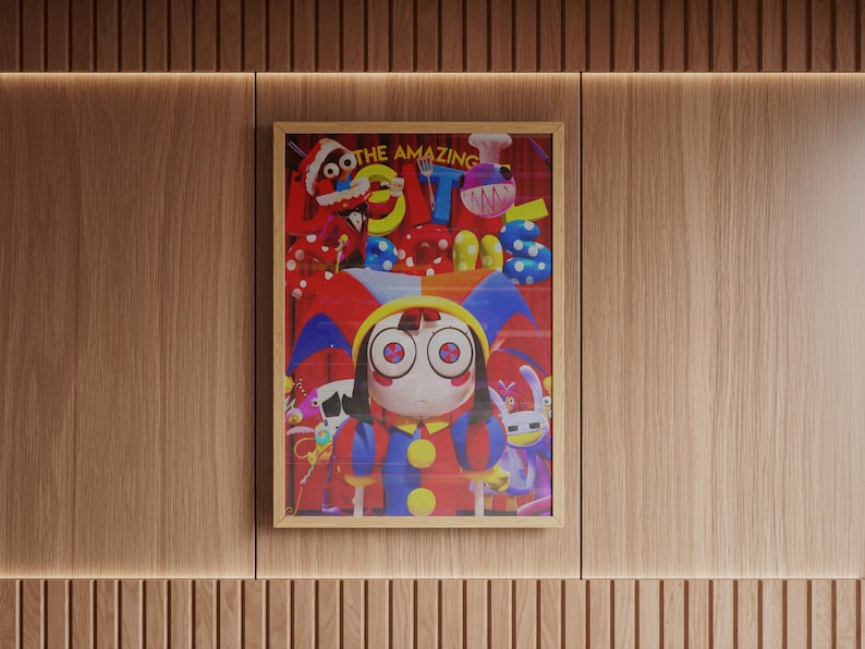May include: A framed art print featuring a whimsical cartoon character with large eyes, wearing a red, blue, and yellow outfit. The artwork includes the text "THE AMAZING" and other colorful elements.