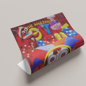 May include: A colorful poster with the text "THE AMAZING LOST" features cartoonish characters and objects in red, yellow, blue, and white. The poster has a whimsical, playful design, with a red background.