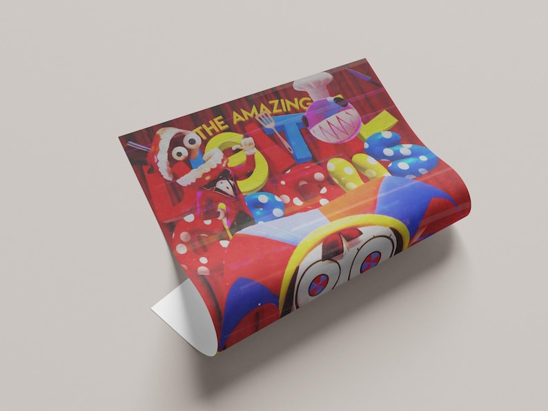 May include: A colorful poster with the text "THE AMAZING LOST" features cartoonish characters and objects in red, yellow, blue, and white. The poster has a whimsical, playful design, with a red background.