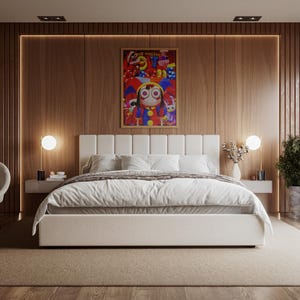May include: A modern bedroom with a large white bed, a colorful framed artwork, and wooden paneling. The room features a neutral color palette with accents of green from potted plants. Two bedside tables with lamps flank the bed.