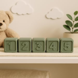 May include: Five olive green number blocks, each displaying a different number from one to five. A teddy bear and a small potted plant are in the background. The blocks are arranged on a white shelf.