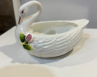 Alexander Fine Bone China Swan Bowl – White Porcelain with Pink Rose & Gold Trim – Trinket or Candy Dish