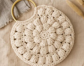 Crochet Popcorn Stitch Handbag Pattern: Round Bag PDF (20cm, 5.5mm Hook)