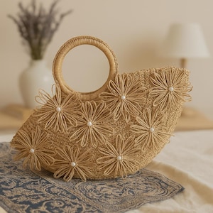 May include: A woven straw handbag with a circular handle. The bag is decorated with several woven flower appliqués, each with a white bead center. The bag is tan and beige in color.