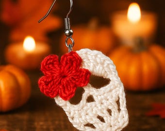 Mini  Skull Earrings Crochet Pattern PDF : Flower Accent, Halloween