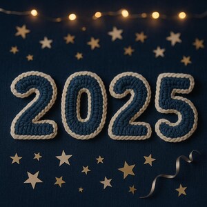 May include: A navy blue crocheted "2025" with a cream-colored border, set against a dark blue background scattered with gold stars. A string of warm fairy lights and a silver ribbon add festive touches to the celebratory design.