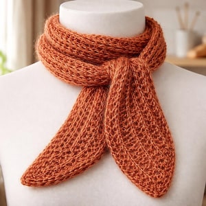 Peut inclure: Écharpe orange tricotée, présentée sur un mannequin blanc. Le motif est un tissage ouvert et détaillé. L'écharpe est nouée, les extrémités pendantes. La couleur est un orange chaud et terreux. Le tissu est texturé.