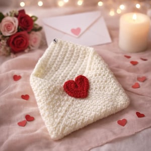 May include: A cream-colored, crocheted envelope with a red heart applique. A white envelope with a pink heart sticker is in the background, along with a bouquet of roses and scattered red heart cutouts. A lit candle is also visible.