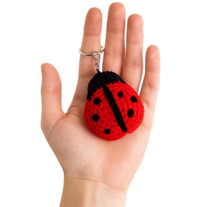 May include: A red and black crocheted ladybug keychain. The ladybug has black spots and a black head. The keychain is attached to a silver metal ring.