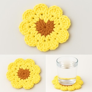 May include: Yellow and brown crocheted flower-shaped coasters. The coasters have a bright yellow petal design with a brown center. The image shows the coaster by itself and with a glass of water on top.