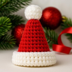 May include: A small, handmade Santa hat, crocheted from red and white yarn. The hat has a white brim and a white bobble on top. Red baubles and fir branches are in the background.