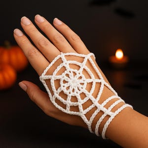 Puede incluir: Accesorio de mano de telaraña blanca de ganchillo. El intrincado diseño presenta una telaraña circular central con líneas radiales y correas de muñeca. El accesorio está diseñado para usarse en la mano, con el diseño de la telaraña cubriendo el dorso.