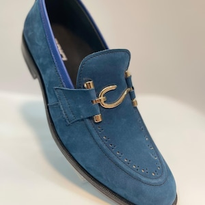 Handmade Blue Suede Loafers – Men’s Horsebit Slip-On Dress Shoes