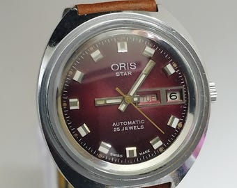 Vintage Oris Star Automatikuhr mit Tag- und Datumsanzeige, 25 Steinen, Kaliber 648 KF, rotes Zifferblatt, Herrenuhr – funktionsfähig