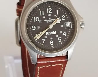 Hamilton Khaki Herrenuhr, Swiss Made, Nr. 9931. Zustand: Gebraucht. Benötigt eine neue Batterie. 34 mm, Unisex, mit gutem Lederarmband.