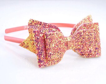 Rose Gold Glitter Bow Headband, Big Girls Headband, Satin Lined Hard Headband with Bow for Girls, Headbands with Bows / Coral