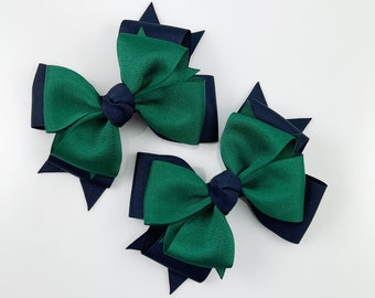 Back to School Hair Bows / Double Navy Blue and Dark Green 4.5 inch Girls Hair Bow / School Uniform Colors / School Hair Bows / Pigtail Bows
