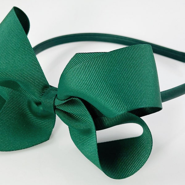 Dark Green Girls Headband, Big Girls Headband, Satin Lined Hard Headband 4" Boutique Ribbon Bow on Headband for Girls, Headbands with Bows