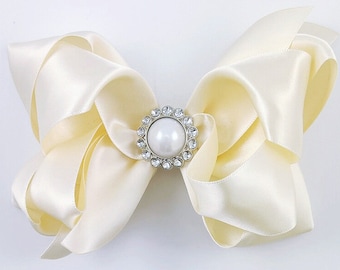 Ivory Satin Girls Hair Bow with Pearl Rhinestone / Wedding Flower Girl / 6 inch Double Layer Baptism Christening Fancy Hair Bows with Clip