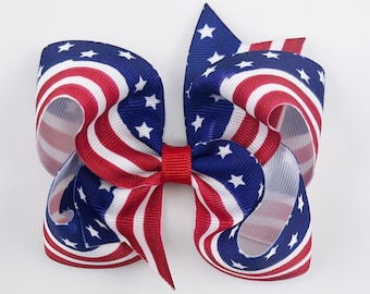 4th of July Patriotic Flag 4” inch Hair Bow, Medium Girls Hair Bows / Large Baby Hair Bows, Boutique Bow Hair Clips, red white and blue