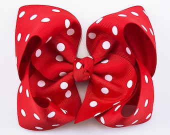 Red Dot Hair Bow / 5 inch bogen / meisjes haarelastiekjes / haarelastiekjes clip / haarelastiekjes peuter / Grosgrain strikken / strikken voor meisjes / witte stippen