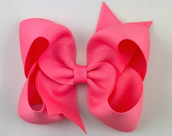 Neon Pink 4” inch Hair Bow, Medium Girls Hair Bows / Large Baby Hair Bows, Boutique Bow Hair Clips, Hair bows on clips Barrettes non slip