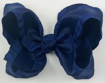Navy Blue Ruffle 4” inch Hair Bow, Medium Girls Hair Bows / Large Baby Hair Bows, Boutique Bow Hair Clips, Hair bows on clips Barrettes