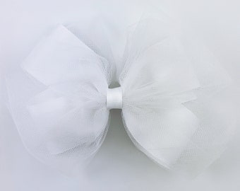 Tulle Hair Bow in White / Ballet Hair Bow / Large 5 inch Bows for Girls / Baptism Hair Bow Christening / Flower Girl Bows / Fancy Hair Bows