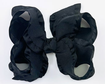 Black Ruffle 4” inch Hair Bow, Medium Girls Hair Bows / Large Baby Hair Bows, Boutique Bow Hair Clips, Hair bows on clips Barrettes non slip