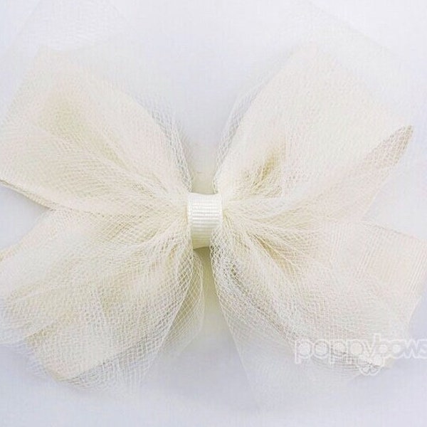 Tulle Hair Bow in Ivory / Ballet Hair Bow / Large 5 inch Bows for Girls / Baptism Hair Bow / Fancy Hair Bows Christening Flower Girl Bows